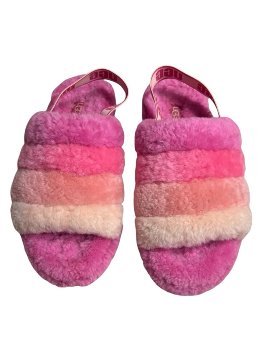 UGG “Fluff Yeah Slingback Slippers in Pride Pink Rainbow Size 8 — GORGEOUS!!!